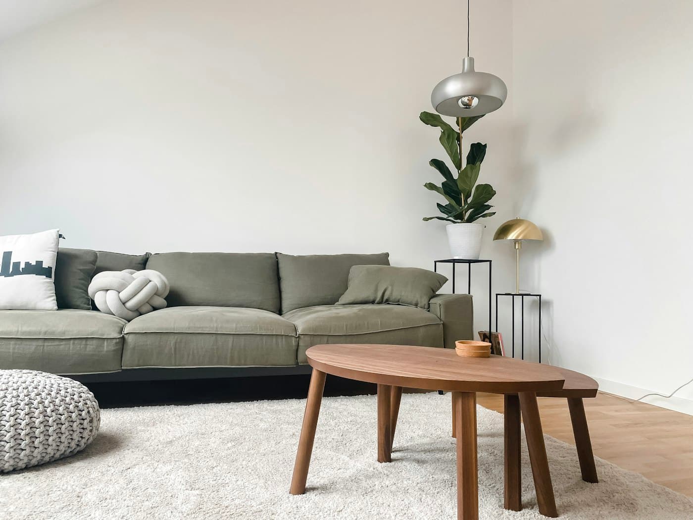 Salon entretenu avec soin, canapé et table basse en bois