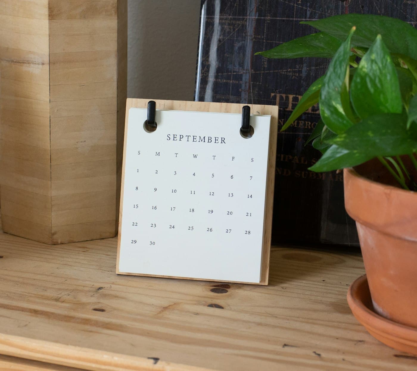 Calendrier de bureau et plante, planification des réservations